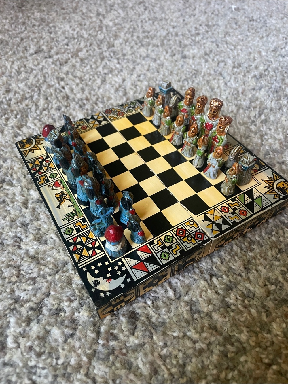 Hand-Painted Decorative Chess Set in Blue and Cream